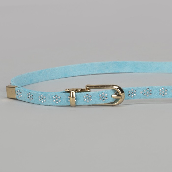 Ремень женский, стразы, пряжка хомут, кончик золото, ширина - 1 см, цвет голубой