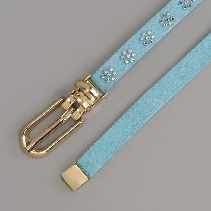 Ремень женский, стразы, пряжка хомут, кончик золото, ширина - 1 см, цвет голубой
