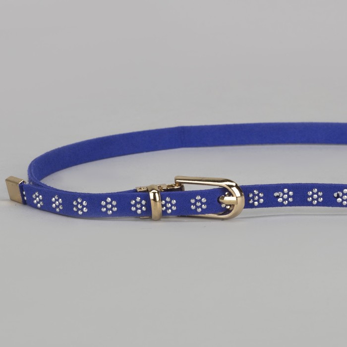 Ремень женский, стразы, пряжка хомут, кончик золото, ширина - 1 см, цвет синий