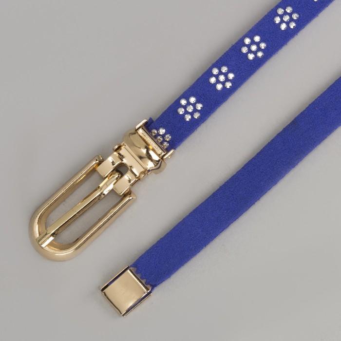 Ремень женский, стразы, пряжка хомут, кончик золото, ширина - 1 см, цвет синий