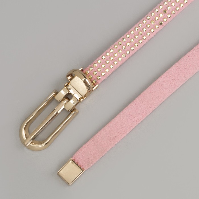 Ремень женский, стразы, пряжка хомут, кончик золото, ширина - 1 см, цвет розовый