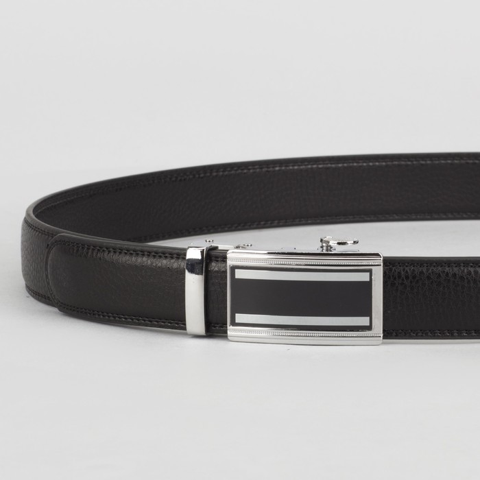 Ремень мужской, 2 строчки, пряжка автомат металл, ширина - 3 см, цвет чёрный