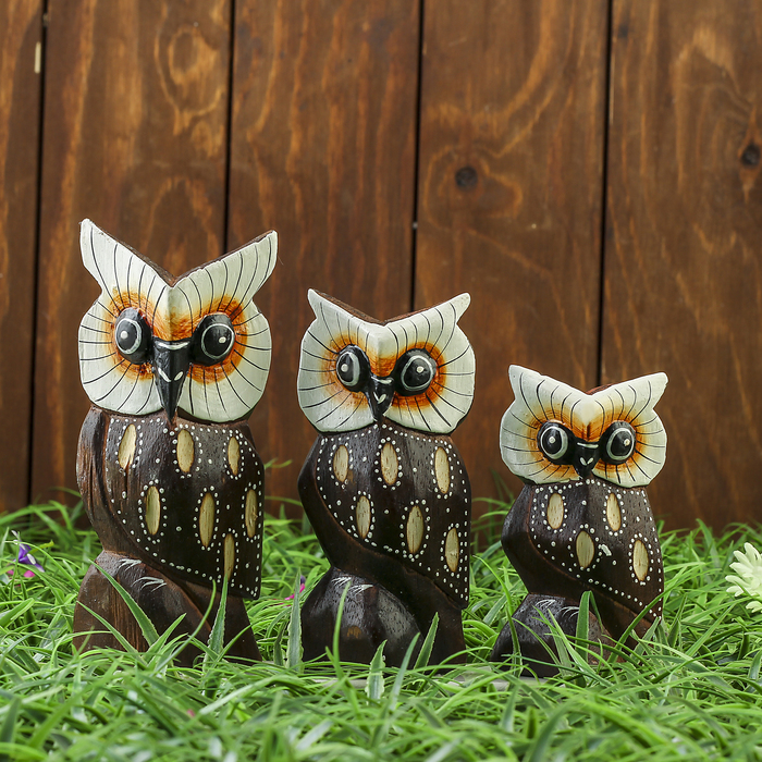 Сувенирный набор "Совы" (15,13,11) см, резные перышки, дерево