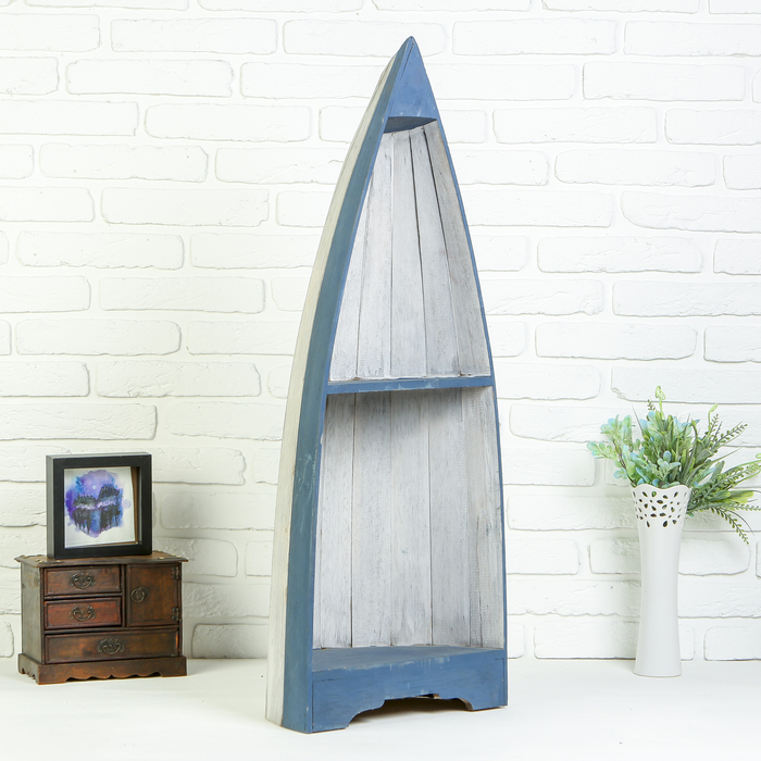 Интерьерный сувенир "Лодка с 2-мя полками" 100х38х23 см, бело-голубая, дерево