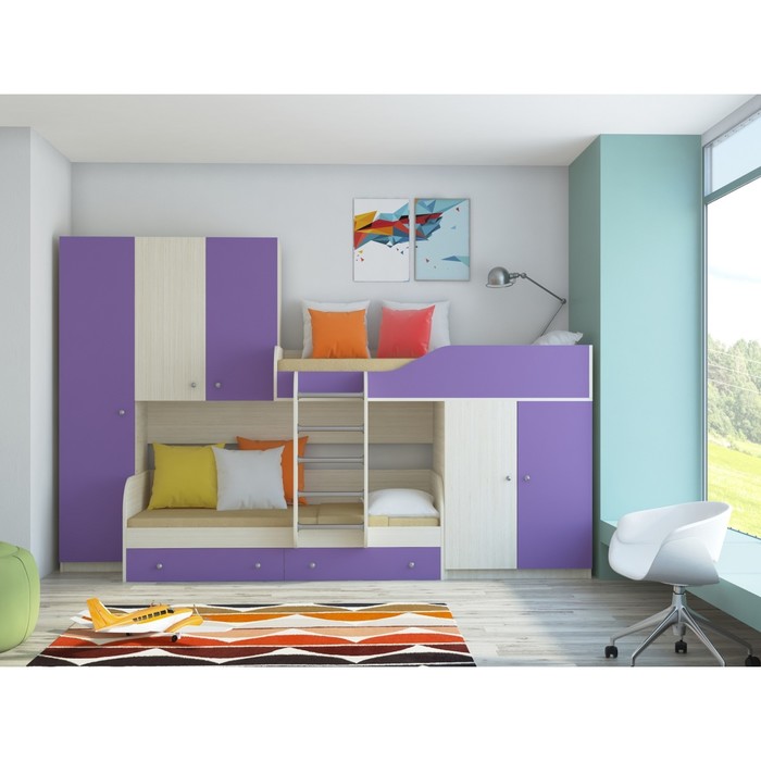 Детская двухъярусная кровать «Лео», цвет дуб молочный/фиолетовый