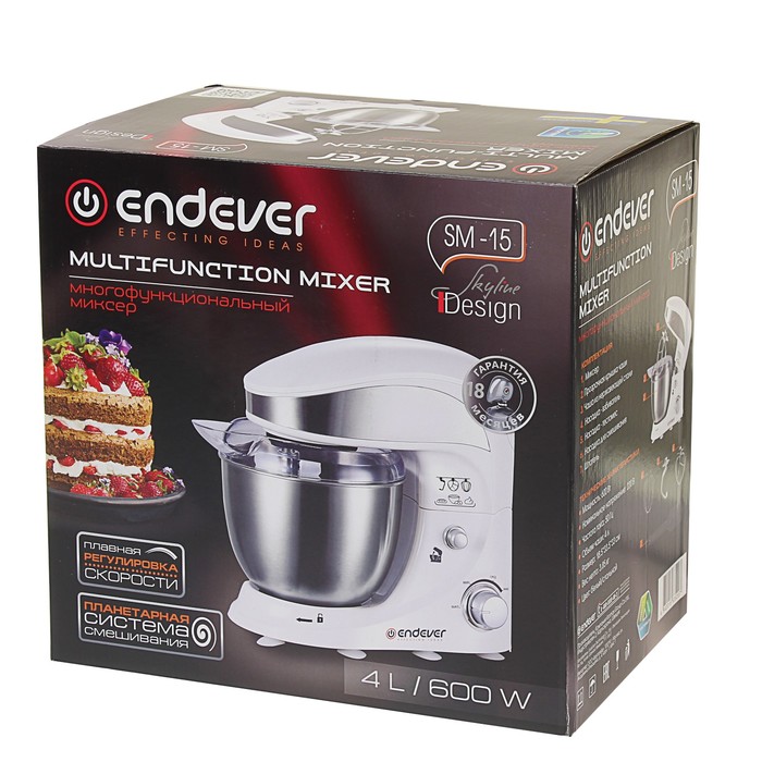 Миксер Endever Skyline SM-15, 600 Вт, 4 л, 3 насадки, белый