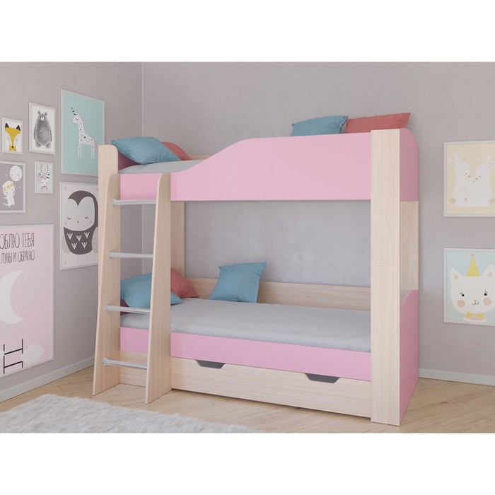 фото Детская двухъярусная кровать «астра 2», цвет дуб молочный/розовый