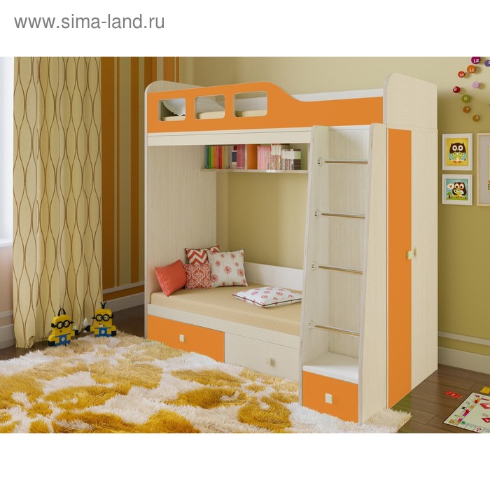 фото Детская двухъярусная кровать «астра 3», цвет дуб молочный/оранжевый