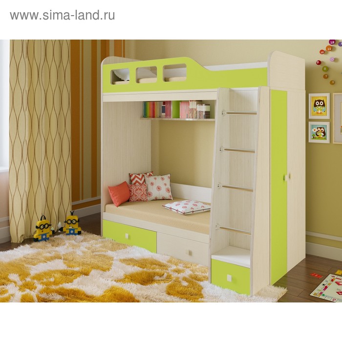 фото Детская двухъярусная кровать «астра 3», цвет дуб молочный/салатовый