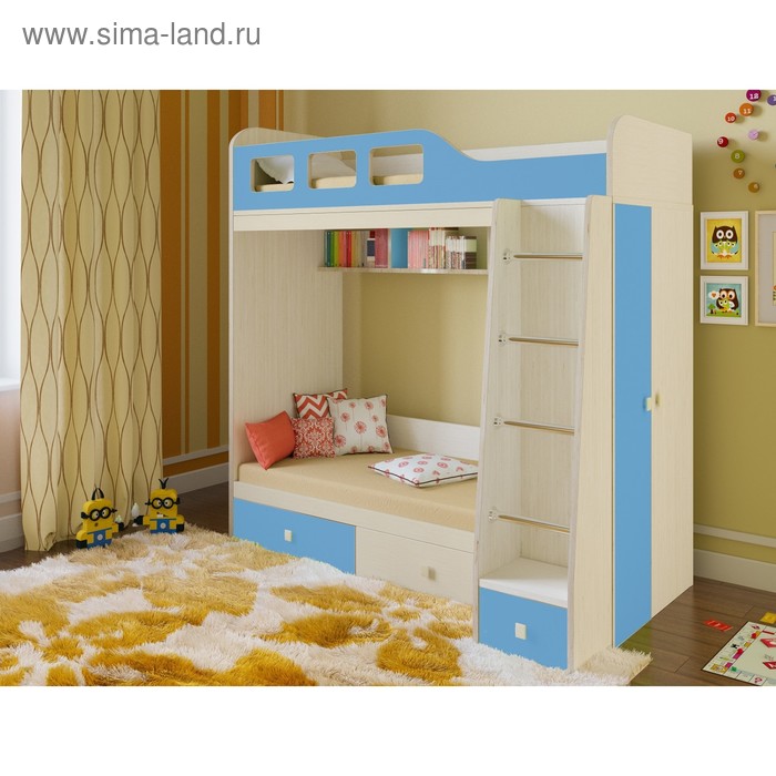 фото Детская двухъярусная кровать «астра 3», цвет дуб молочный/голубой