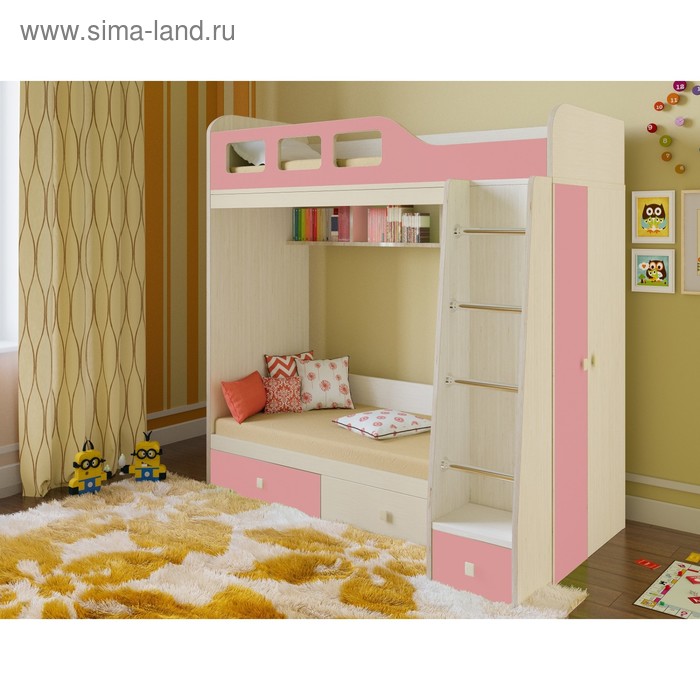 фото Детская двухъярусная кровать «астра 3», цвет дуб молочный/розовый