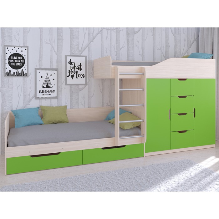 Детская двухъярусная кровать «Астра 6», цвет дуб молочный/салатовый
