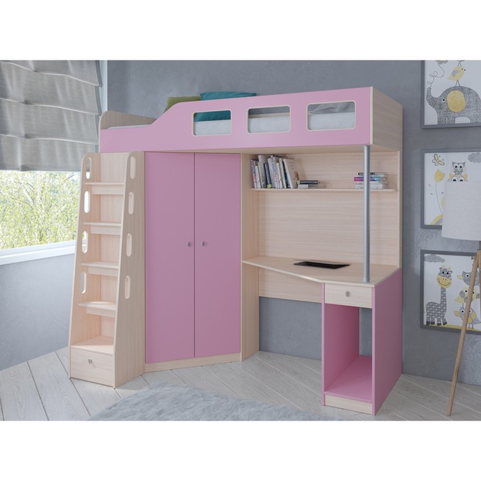 Детская двухъярусная кровать «Астра 7», цвет дуб молочный/розовый
