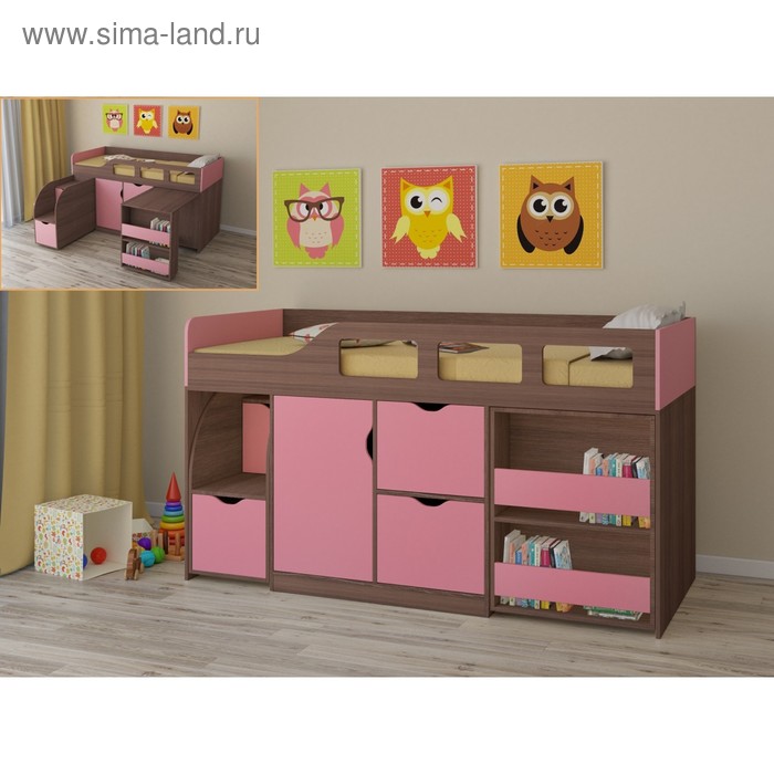 Детская кровать-чердак «Астра 8», цвет дуб шамони/розовый детская кровать чердак астра домик без ящика цвет белый дуб шамони