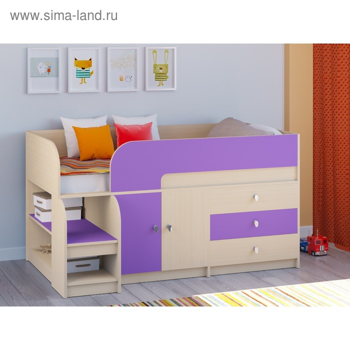 фото Детская кровать-чердак «астра 9 v1», цвет дуб молочный/фиолетовый