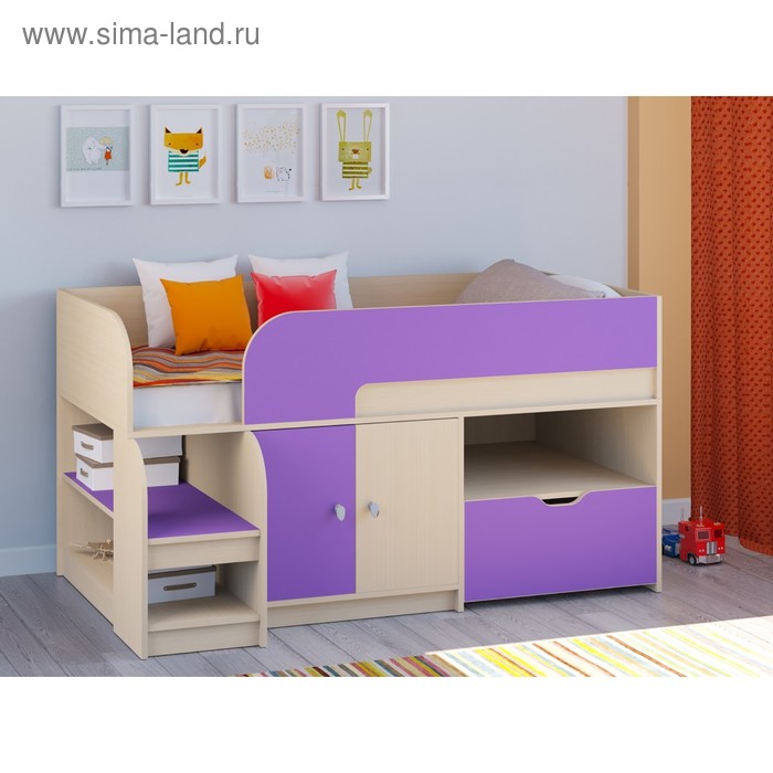 фото Детская кровать-чердак «астра 9 v4», цвет дуб молочный/фиолетовый