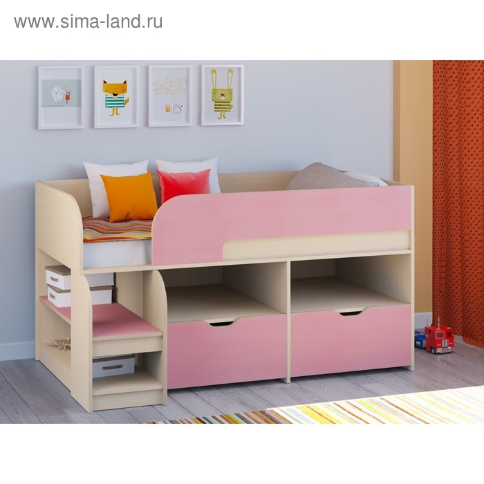 детская кровать чердак астра 9 v6 цвет дуб молочный дуб шамони Детская кровать-чердак «Астра 9 V6», цвет дуб молочный/розовый