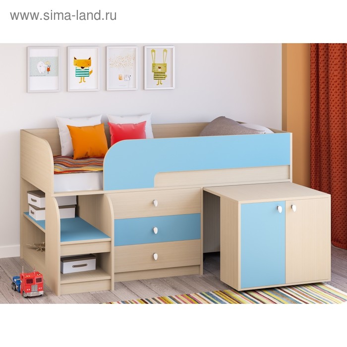 Детская кровать-чердак «Астра 9 V7», выдвижной стол, цвет дуб молочный/голубой