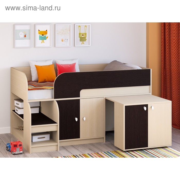 Детская кровать-чердак «Астра 9 V8», выдвижной стол, цвет дуб молочный/венге