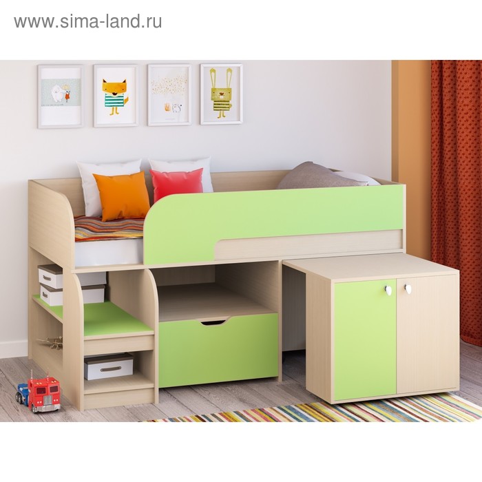 детская кровать чердак астра 9 v2 цвет дуб молочный салатовый Детская кровать-чердак «Астра 9 V9», выдвижной стол, цвет дуб молочный/салатовый