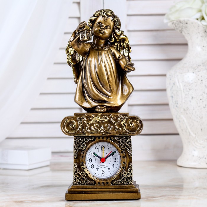 Часы настольные "Ангел с фонариком", цвет золото, h=25 см