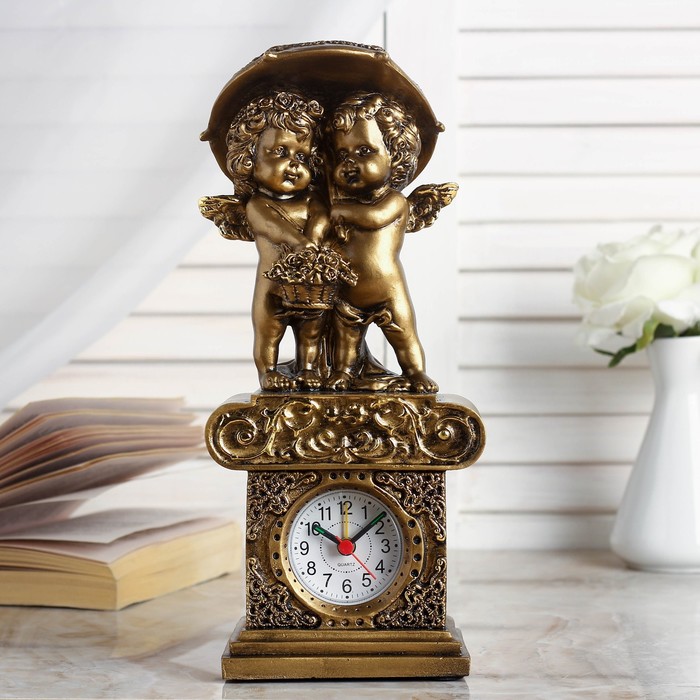 Часы настольные "Ангелы под зонтом", цвет золото,  h=26 см