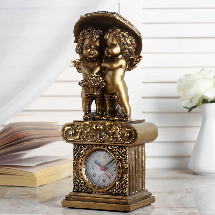 Часы настольные "Ангелы под зонтом", цвет золото, h=26 см