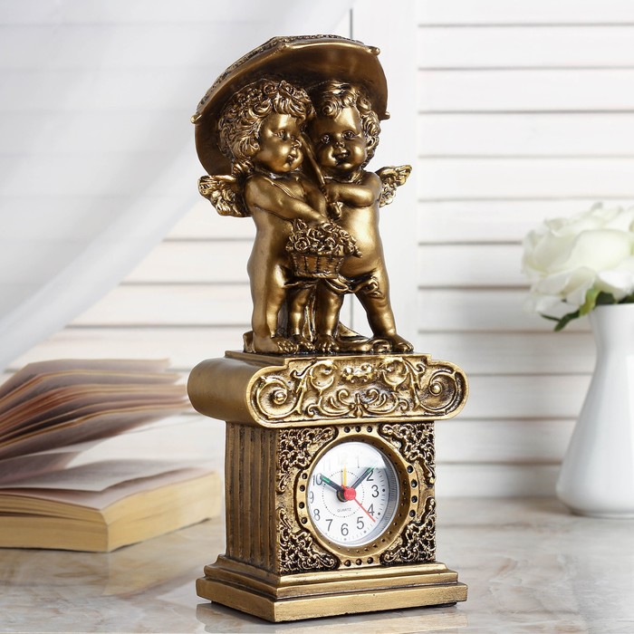 Часы настольные "Ангелы под зонтом", цвет золото, h=26 см