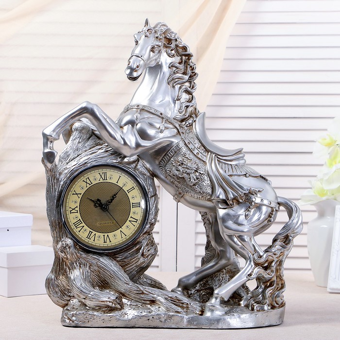 Часы настольные "Конь", цвет  серебро, 55х48х17 см