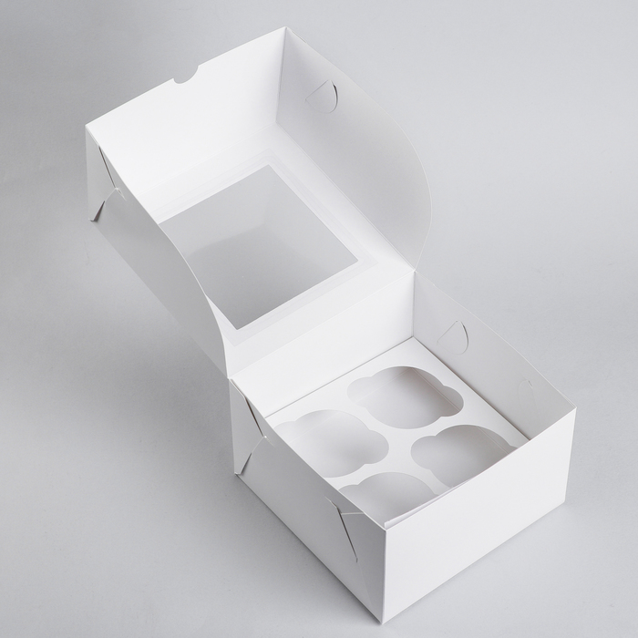 Кондитерская складная коробка для капкейков с окном на 4 шт, белая, 16 х 16 х 10 см