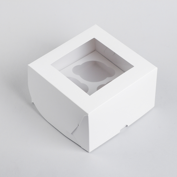 Кондитерская складная коробка для капкейков с окном на 4 шт, белая, 16 х 16 х 10 см
