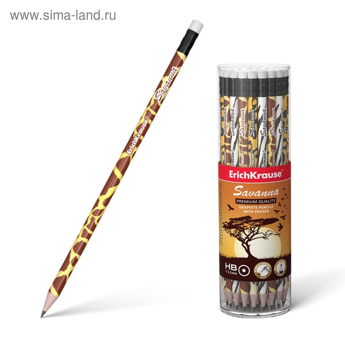 

Карандаш чернографитный HB, 2.2 мм, ErichKrause Savanna, круглый, из отборной древесины, в тубусе, микс