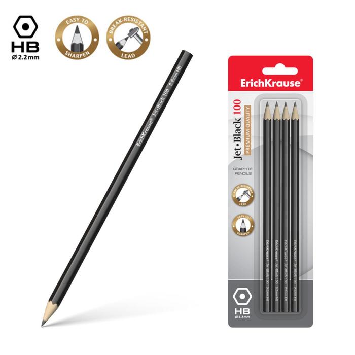 Набор карандашей чернографитных 4 штуки Erich Krause Jet Black 100 HB, грифель d 2.2мм, шестигранные, из отборной древисины, в блистере