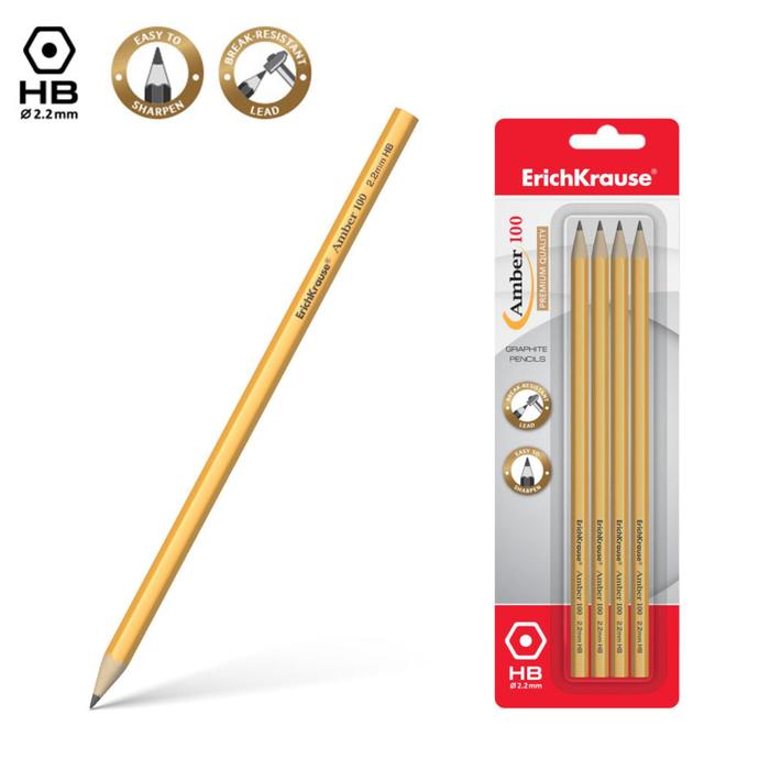 Набор карандашей чернографитных 4 штуки Erich Krause Amber 100 HB, грифель d 2.2мм, шестигранные, из отборной древисины, в блистере