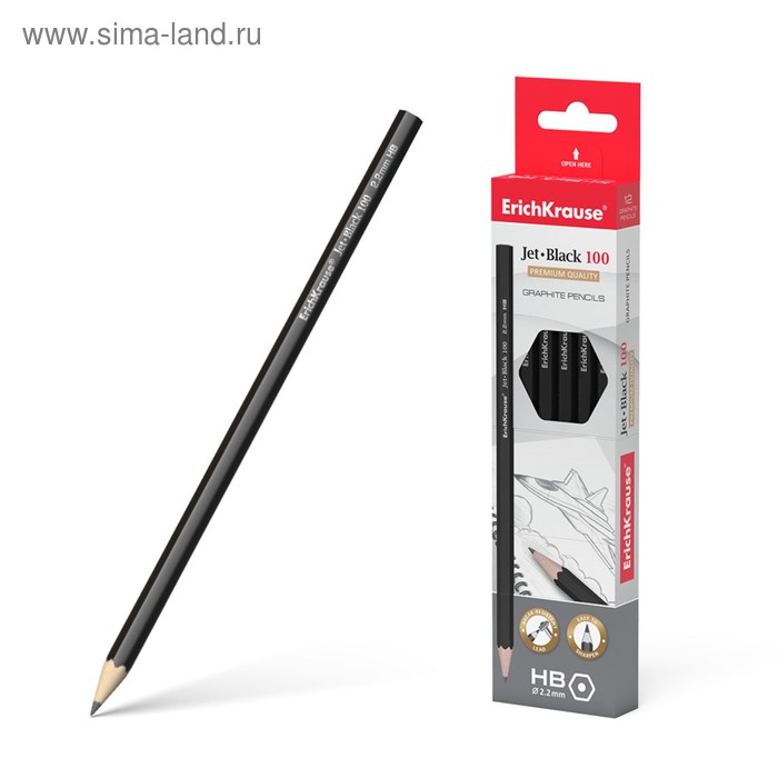 Карандаш чернографитный Erich Krause Jet Black 100 HB, грифель d 2.2 мм, шестигранный, из отборной древесины