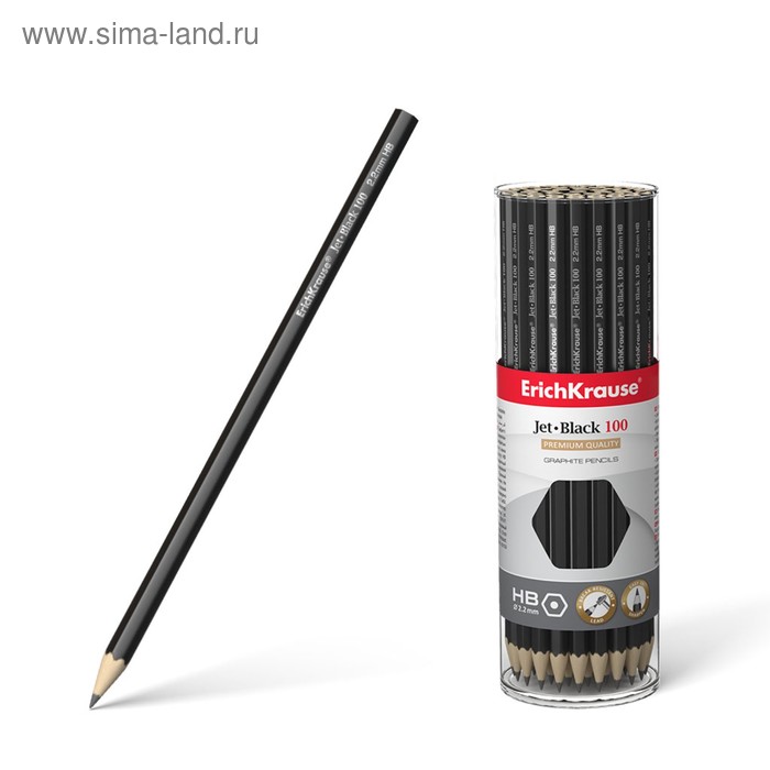 Карандаш чернографитный HB, 2.2 мм, ErichKrause Jet Black 100, шестигранный, из отборной древесины, в тубусе