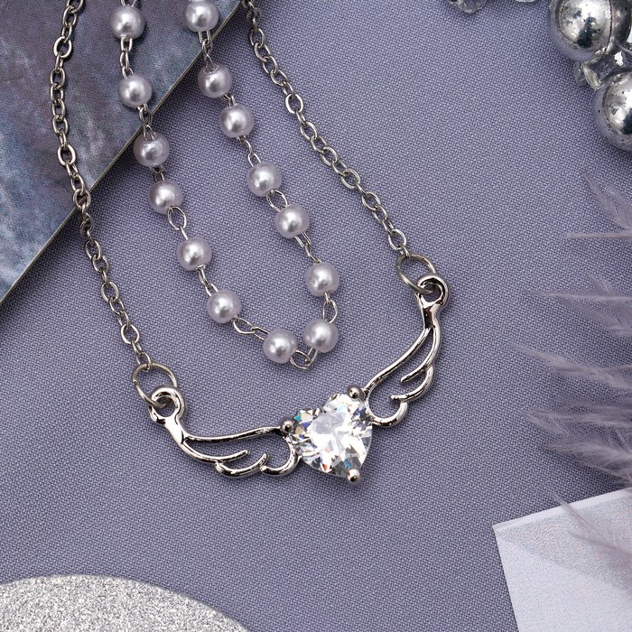 Колье 2 нити "Жемчужное" сердце с крыльями, цвет белый в серебре, 40 см