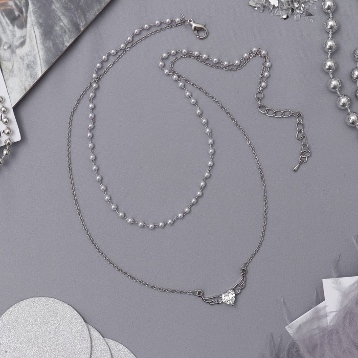 Колье 2 нити "Жемчужное" сердце с крыльями, цвет белый в серебре, 40 см