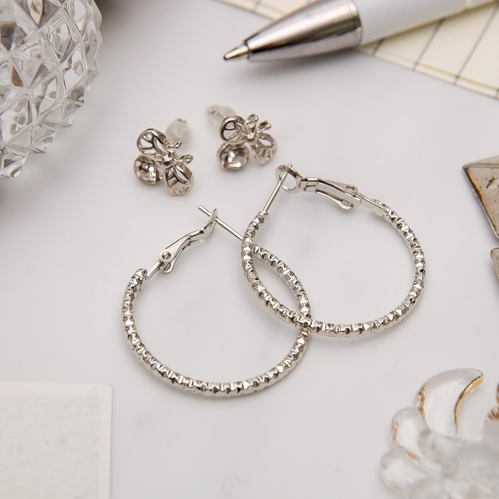 Серьги-кольца с пуссетами "Пчёлка", цвет серебро, d=2,5 см