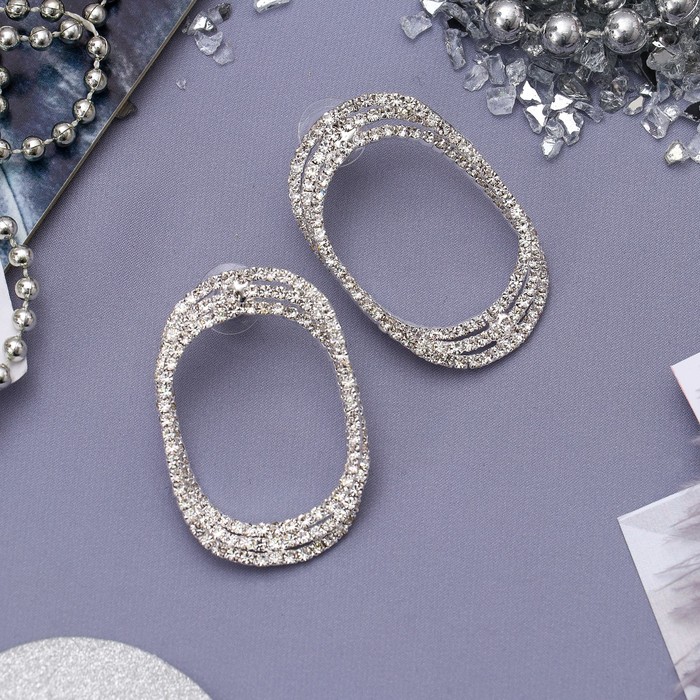 Серьги со стразами "Голливуд" сплетение овалов, цвет белый в серебре