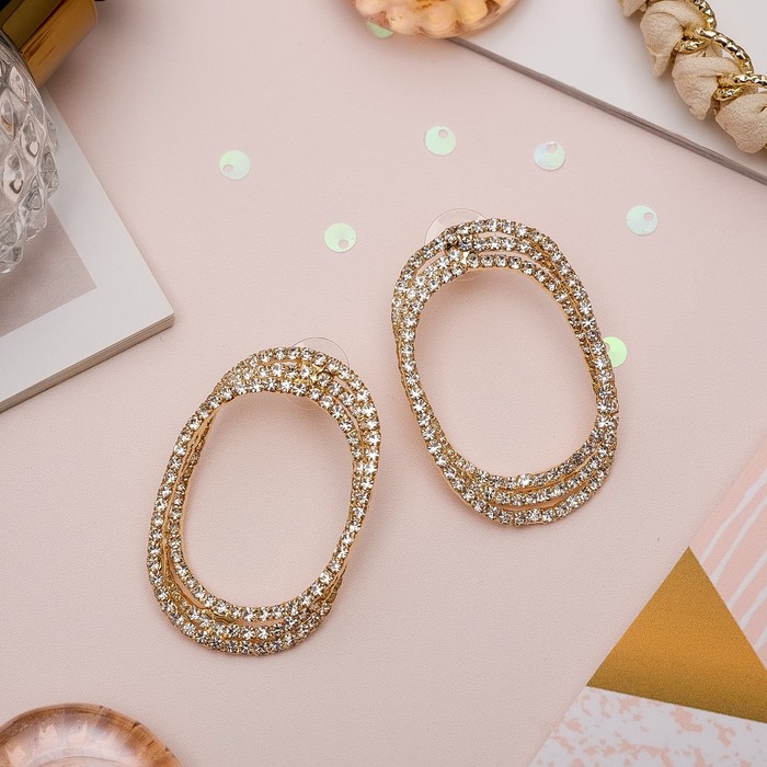 Серьги со стразами "Голливуд" сплетение овалов, цвет белый в золоте