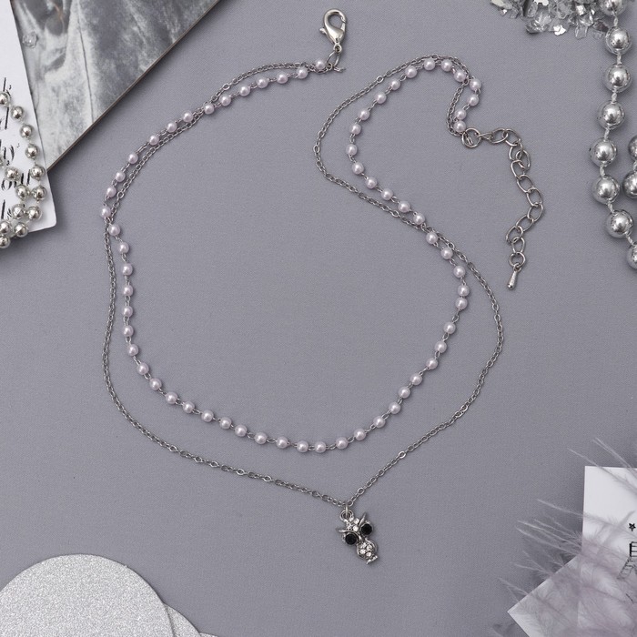 Колье 2 нити "Жемчужное" сова, цвет белый в серебре, 40 см