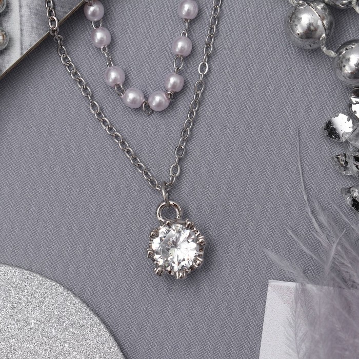 Колье 2 нити "Жемчужное" капля, цвет белый в серебре, 40 см