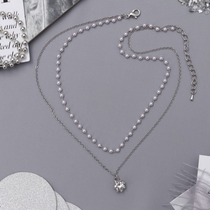 Колье 2 нити "Жемчужное" капля, цвет белый в серебре, 40 см