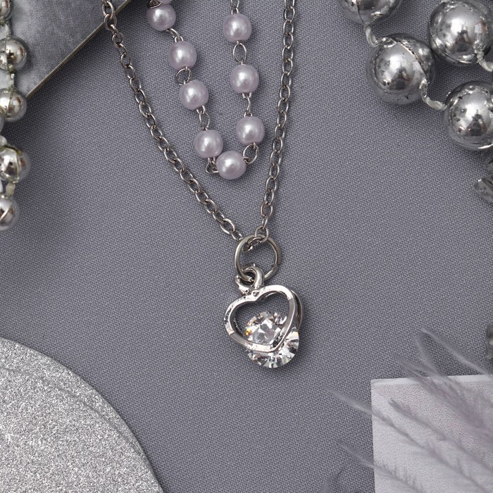 Колье 2 нити "Жемчужное" сердце, цвет белый в серебре, 40 см