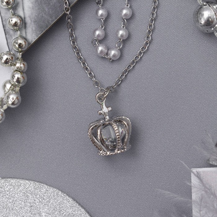 Колье 2 нити "Жемчужное" корона, цвет белый в серебре, 40 см