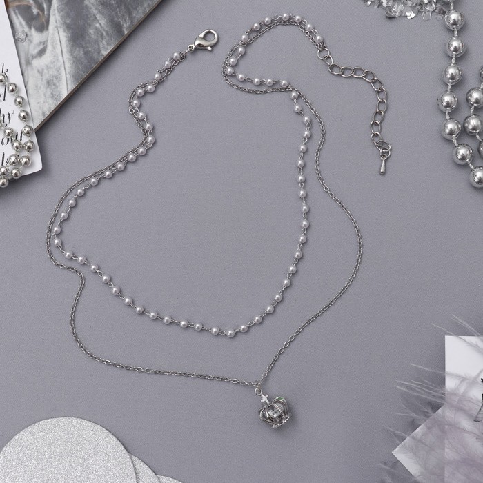 Колье 2 нити "Жемчужное" корона, цвет белый в серебре, 40 см