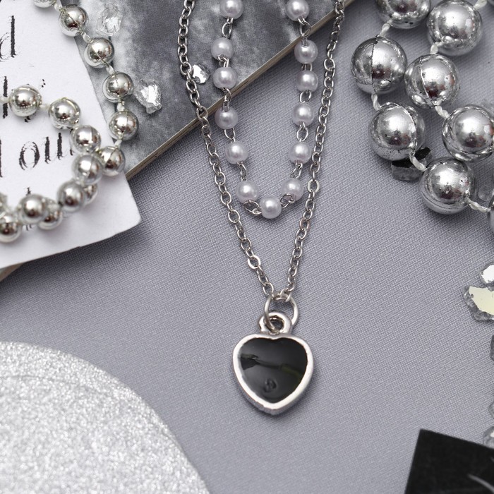 Колье 2 нити "Жемчужное" сердечко, цвет бело-чёрный в серебре, 40 см