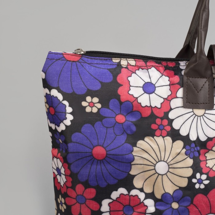 Сумка хозяйственная складная «Цветочки», отдел на молнии, водонепроницаемая, цвет чёрный