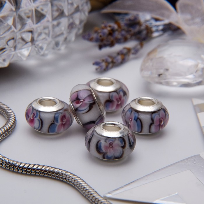 Бусина "Флауэр", цветная в серебре